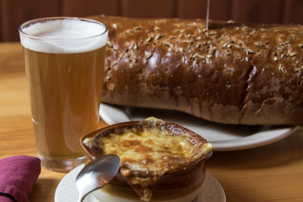 Woodstock Inn Brewery signature dishes French Onion Soup, Meatloaf, Duck Wings
